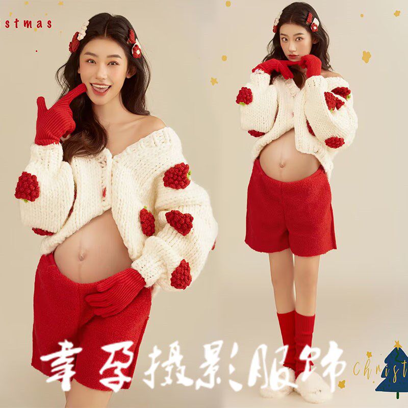速发影楼孕妇拍照服装新款艺诞毛年主题圣术照红色新衣孕妈咪摄影