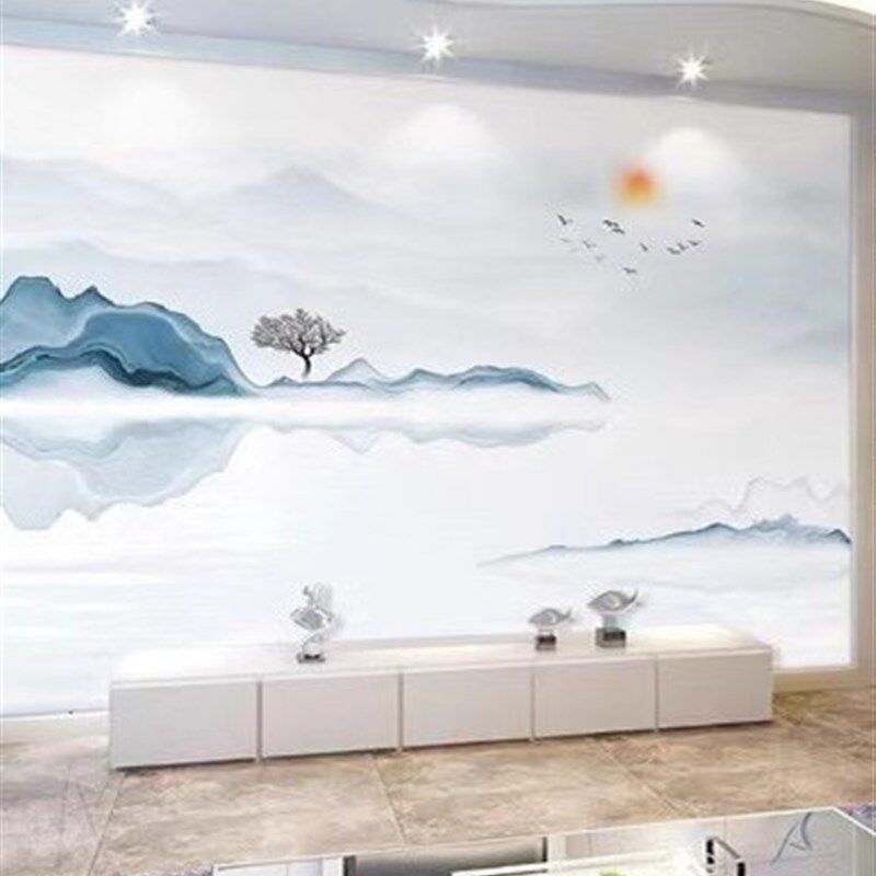 速发流水生财大型壁画客厅沙发电视背景墙壁纸8d浮雕墙布山水风景
