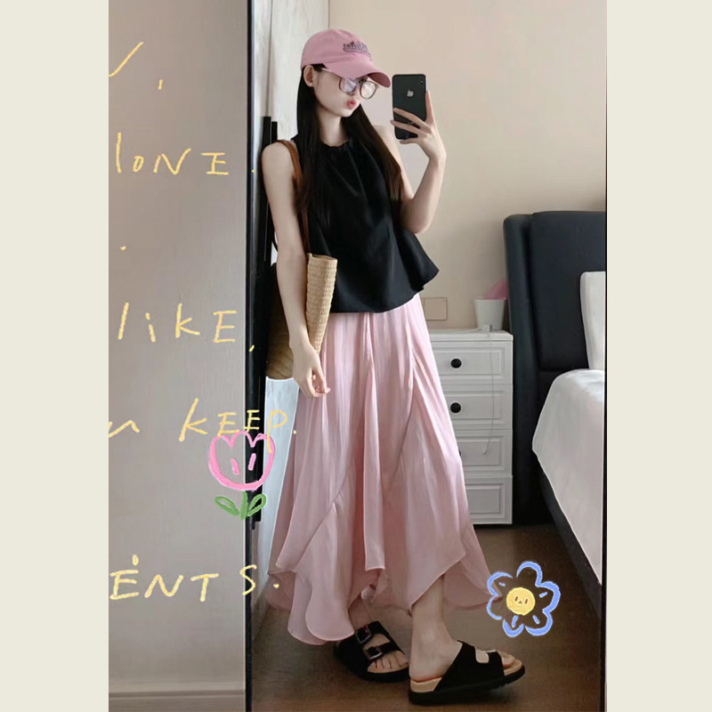 速发度假风短款吊带挂脖褶皱背心女夏季粉色高腰a字半身裙鱼尾裙