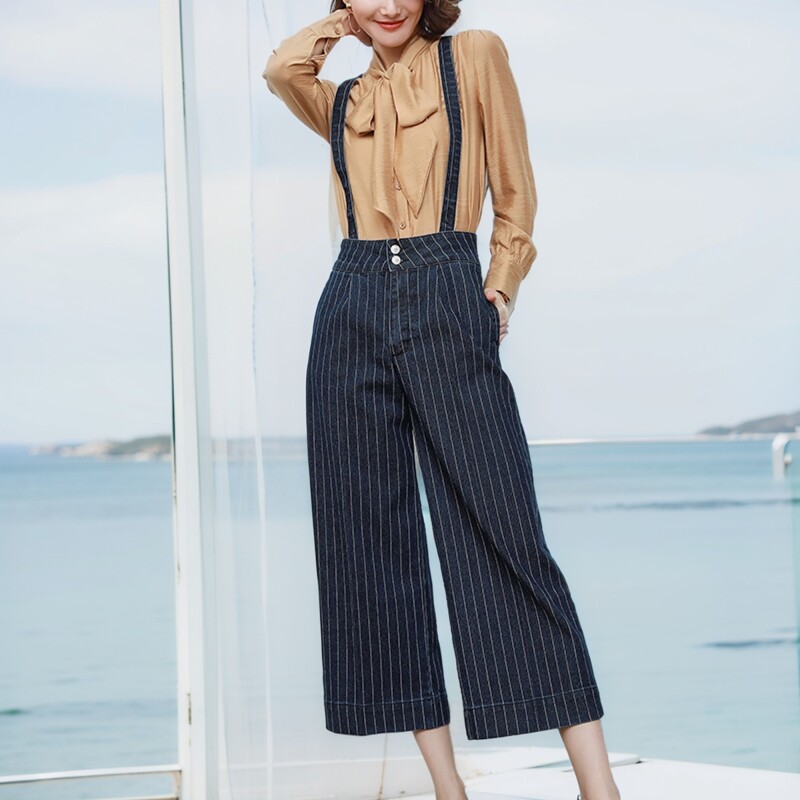 速发海让路吊带阔脚裤女弹力条纹牛仔布中高腰阔腿裤深色可拆卸背