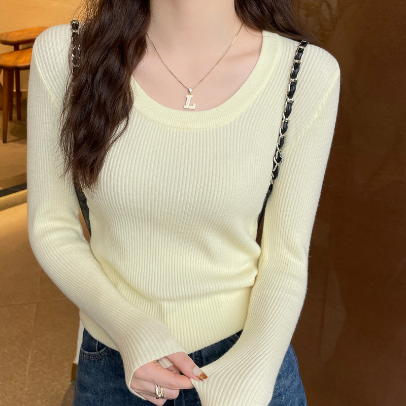 速发黄色U领长袖上衣女2025春装新款针织毛衣薄款春秋内搭打底衫