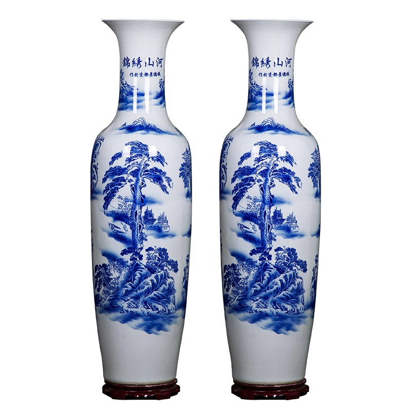 速发特德镇陶瓷器青花瓷山水摆落地大花瓶酒店客厅装饰品画件大号