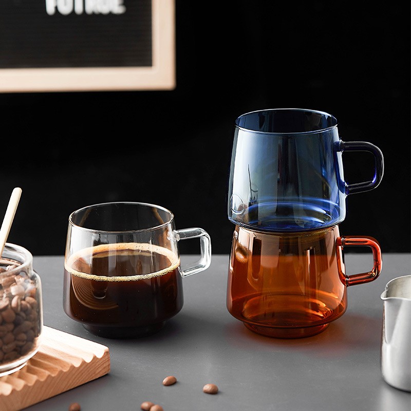 速发玻璃杯带牛彩色玻早咖啡杯家用璃餐杯把奶杯客厅喝水泡茶杯子