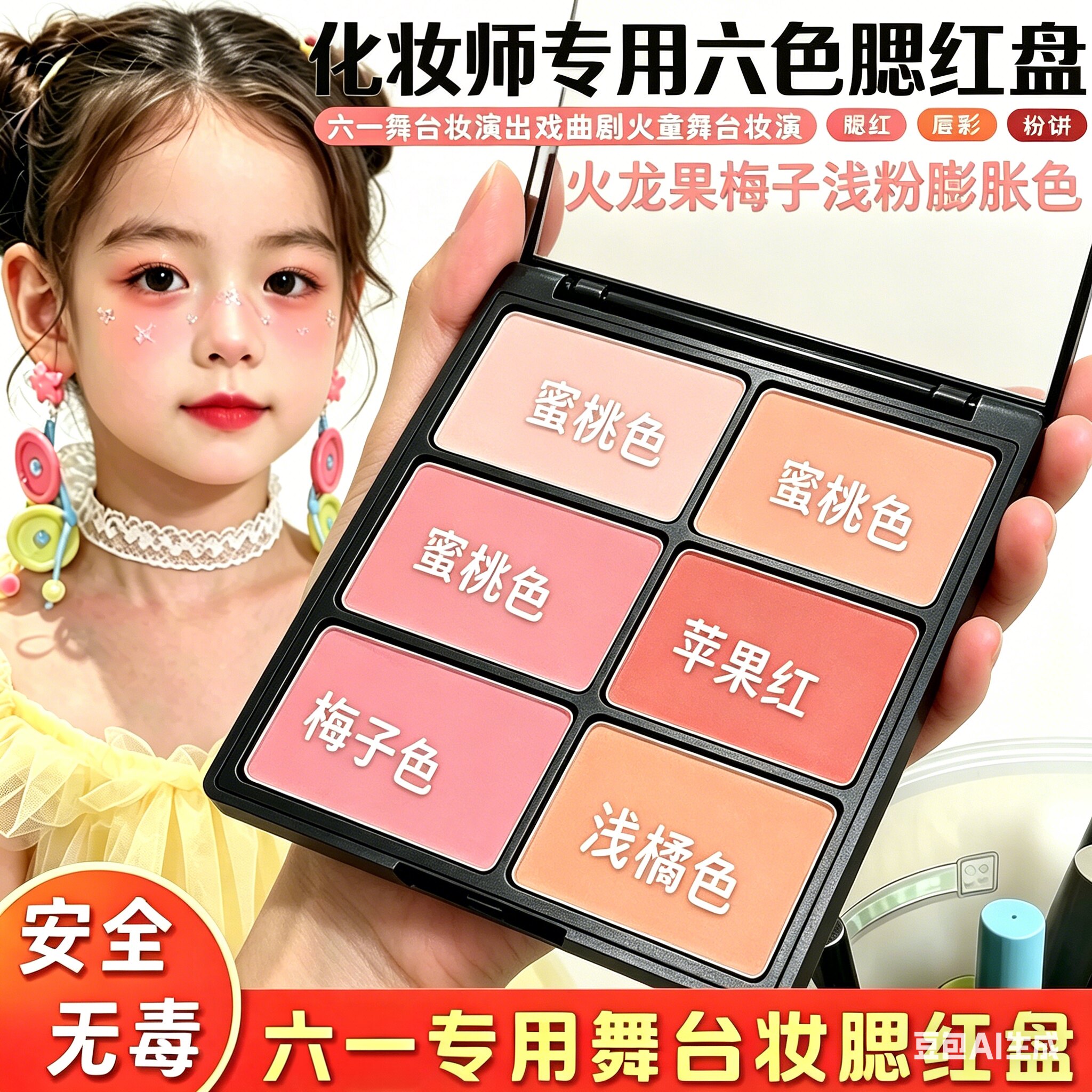 化妆师专用六色腮红盘六一舞台妆演出戏曲剧火龙果梅子浅粉膨胀色