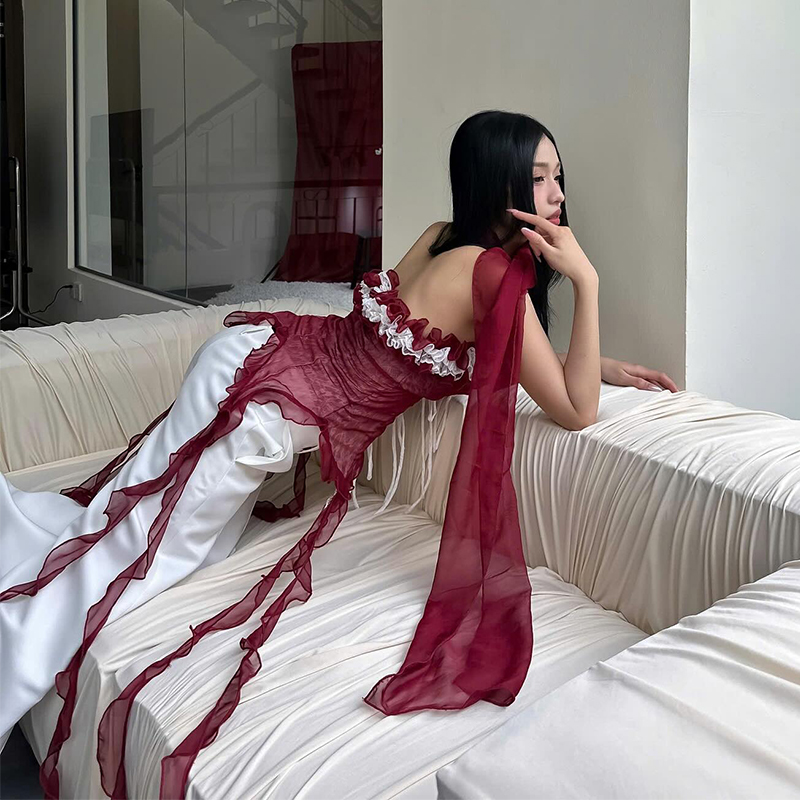 Street Style Hot Girl Color-Blocking Ruffled Off-Shoulder Slim Camisole with Design Ribbons Versatile Dance Top for Women