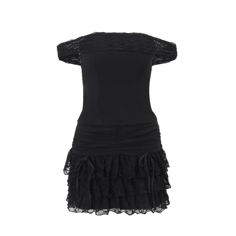 French Lace Jacquard Patchwork Slim-Fit Off-Shoulder Top for Women + Stylish Pleated Skirt Set