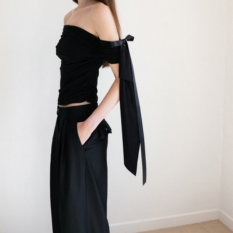 Trendy Asymmetrical Shoulder Tie Solid Color Slim-Fit T-Shirt for Women, Autumn Niche Bowknot Elegant Versatile Ruched Top