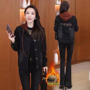 ROUMIKL时尚加绒加厚短款牛仔外套女冬季新款洋气显瘦保暖连帽夹