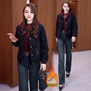 ROUMIKL加绒加厚休闲短款牛仔外套女冬季新款洋气显瘦保暖连帽夹