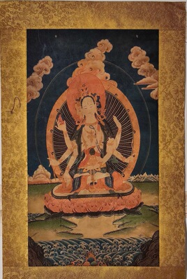 清末民初藏地院供【描金摩利之天大唐卡】高僧手绘