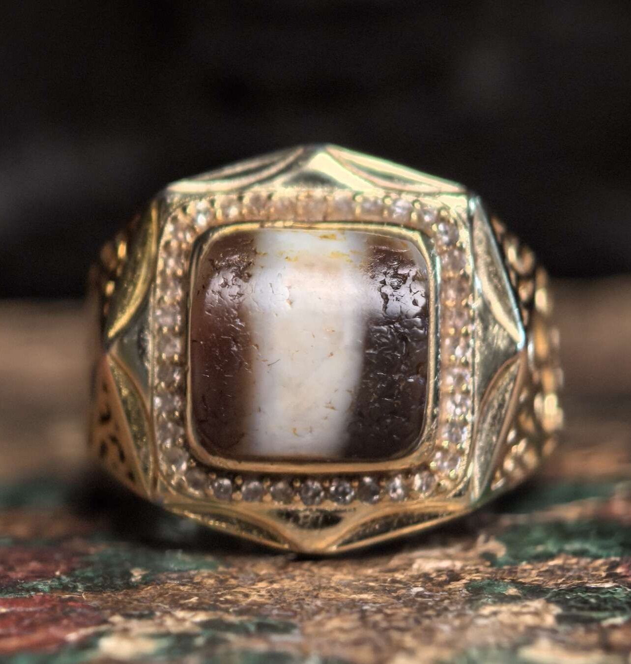 藏地修持【黑白三线珠天珠戒指银镀金戒托】堪比千年品相恭候结缘