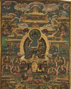 藏地院供【清末民初描金药师佛唐卡】大幅满工纯手绘矿物质染料