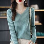 新款 长袖 针织打底衫 春季 女V领毛衣套头洋气内搭毛衫 百搭外穿