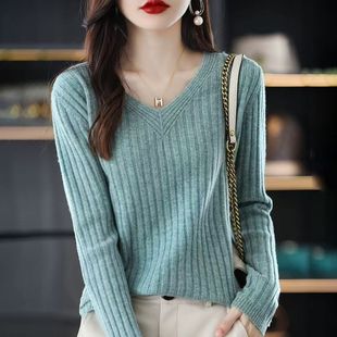 春季新款长袖针织打底衫女V领毛衣套头洋气内搭毛衫百搭外穿
