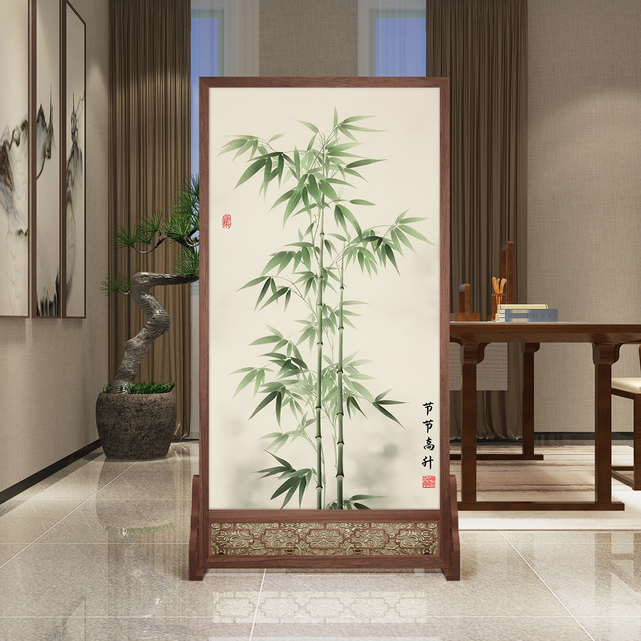 新中式实木屏风客厅玄关入户遮挡隔断简约移动布艺座屏