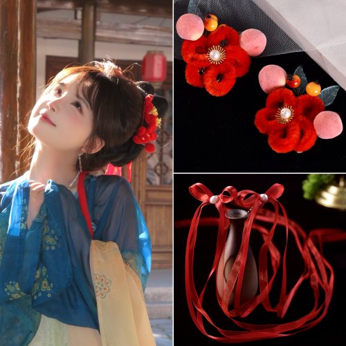 唐风红色汉服桃子发夹毛绒发叉子
