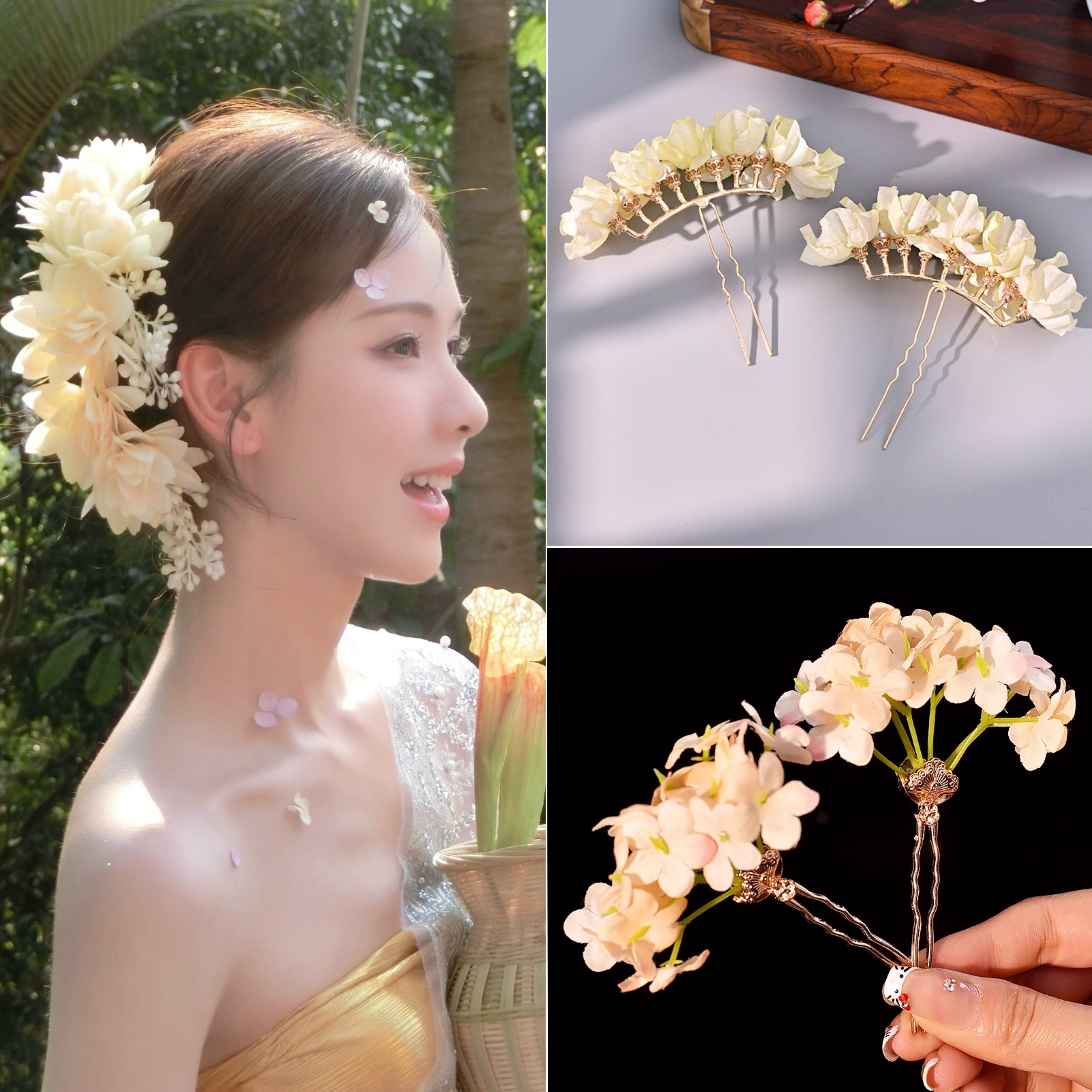 陈都灵傣族风写真同款簪花头饰超仙发叉点缀云南西双版纳仿真花