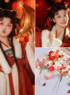 秋冬中式橘红新年发夹国风橙色毛球流苏对夹儿童女孩汉服古风配饰