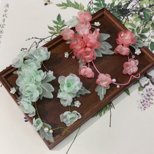 古风夏季粉色绿色烫花发夹桃花海棠唐风汉服头饰新中式发夹侧边夹