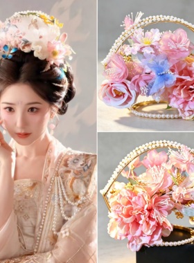 原创古风汉服粉色发饰宋制花冠