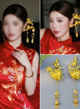 新娘金色牡丹发夹百搭头饰流苏侧