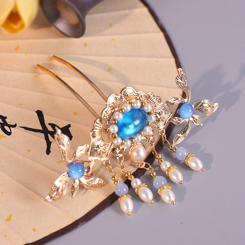 唐韵坊原创手工明制宝蓝色珍珠排钗汉服古风头饰发饰镀金发冠头冠