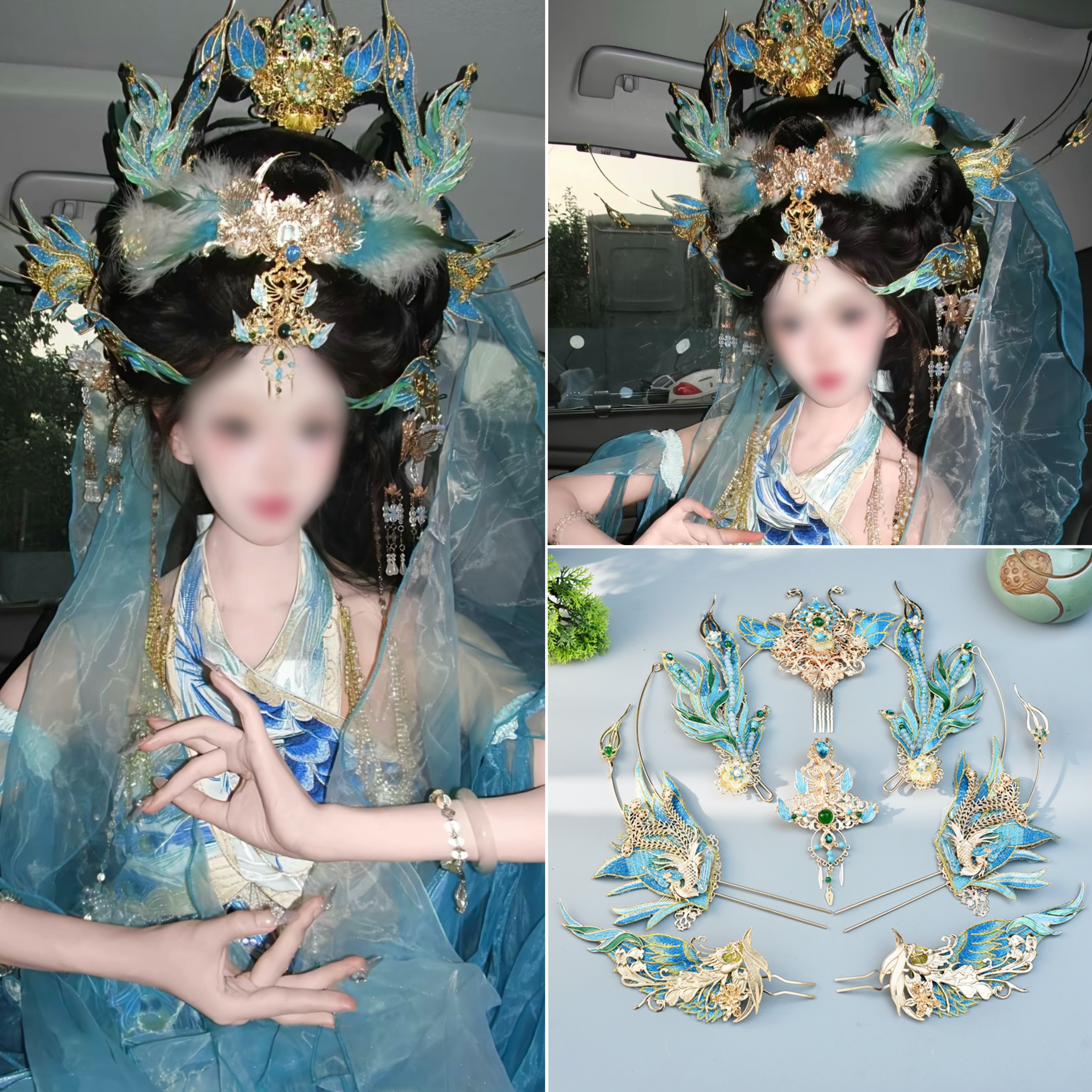 凤凰汉服头饰精卫神女羽毛发饰发簪古风发冠发钗配饰重工公主发饰