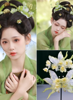 小绿色古风原创设计手工制作蝴蝶烫花发夹子汉服发饰汉服头饰仙气