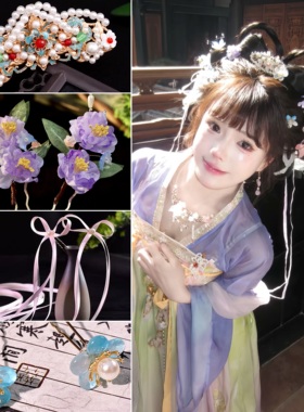 春日紫色小唐风妆造古风头饰发冠发簪流苏发夹花朵百搭汉服发饰品