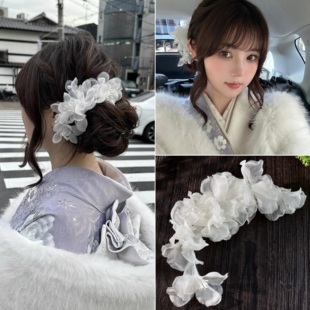超仙白色绢纱花朵发夹女纯欲风后脑勺盘发新娘头饰侧边夹古风头花