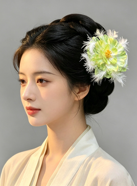 淡青色仿烫花薄纱绢花发夹古风款