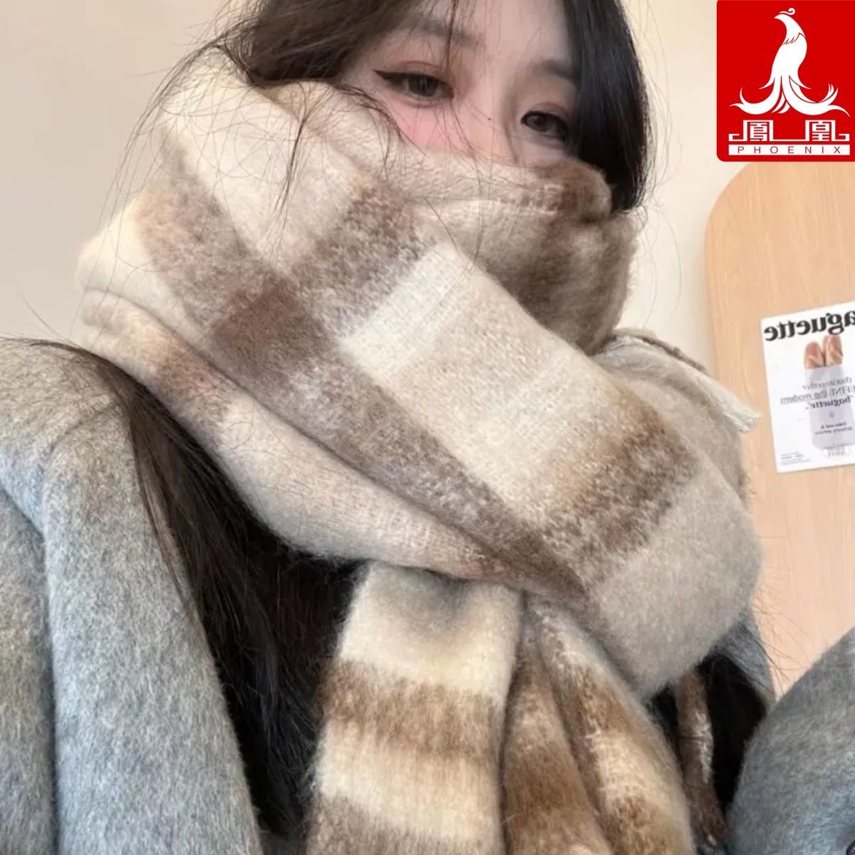 凤凰自行车头巾韩版加厚马海毛格纹围巾女秋冬季软糯保暖围脖披肩