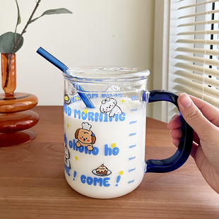 网红可爱女喝水杯高颜值玻璃杯大容量吸管杯刻度牛奶杯把手双饮杯