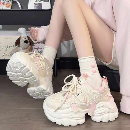 回力蜜桃粉星星老爹鞋女2025爆款少女心百搭运动鞋轻便厚底休闲鞋