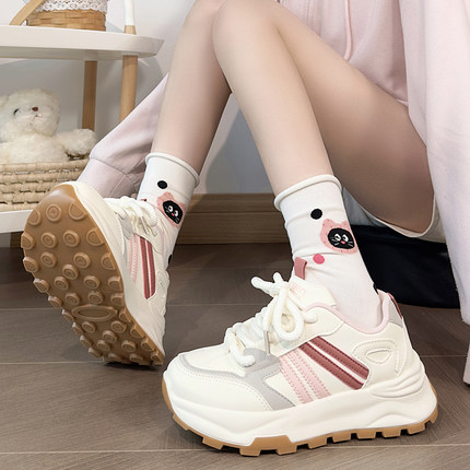 人本白粉少女心老爹鞋女爆款通勤休闲鞋子厚底增高5CM复古老爹鞋