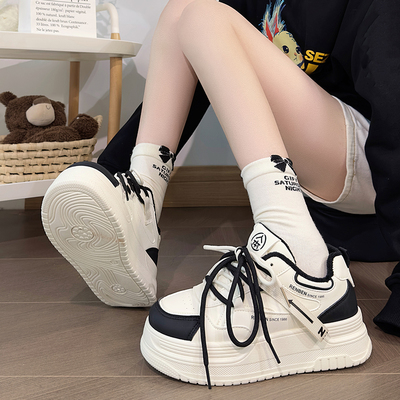 人本加绒女鞋黑白熊猫厚底小白鞋女今年流行爆款韩版增高休闲板鞋
