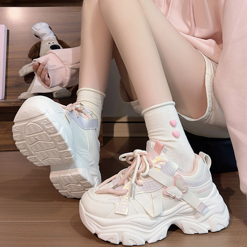 回力桃粉蝴蝶老爹鞋女