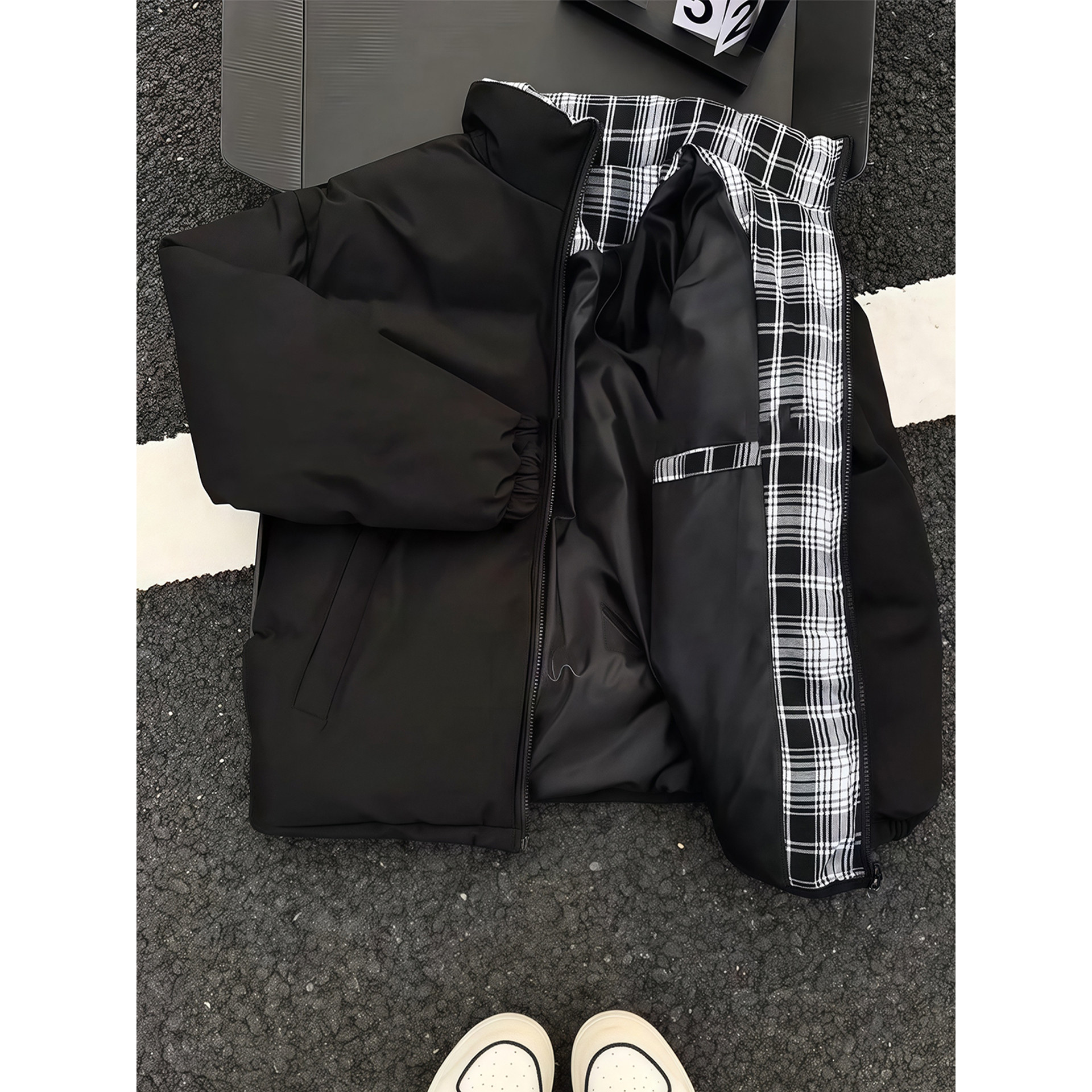 【香港·尊荣定制】黑色格子羽绒棉服男款冬季保暖短款棉袄美式