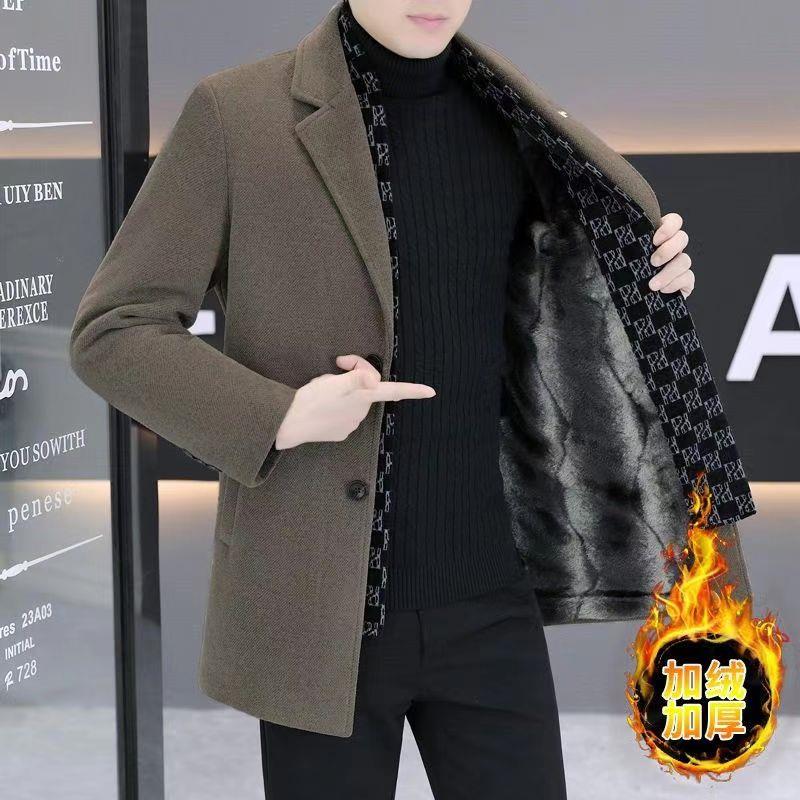 秋冬季修身加绒中国呢子单排扣