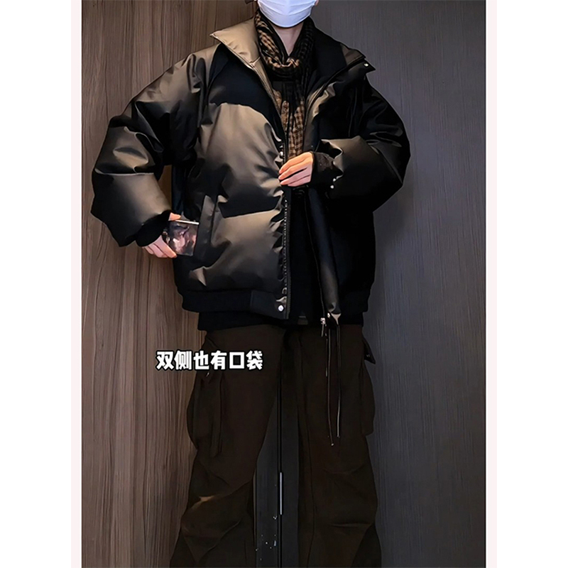 美式潮牌黑色立领pu皮羽绒服男款