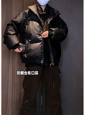 【香港·尊荣定制】美式潮牌黑色立领pu皮羽绒棉服男冬季防水加厚