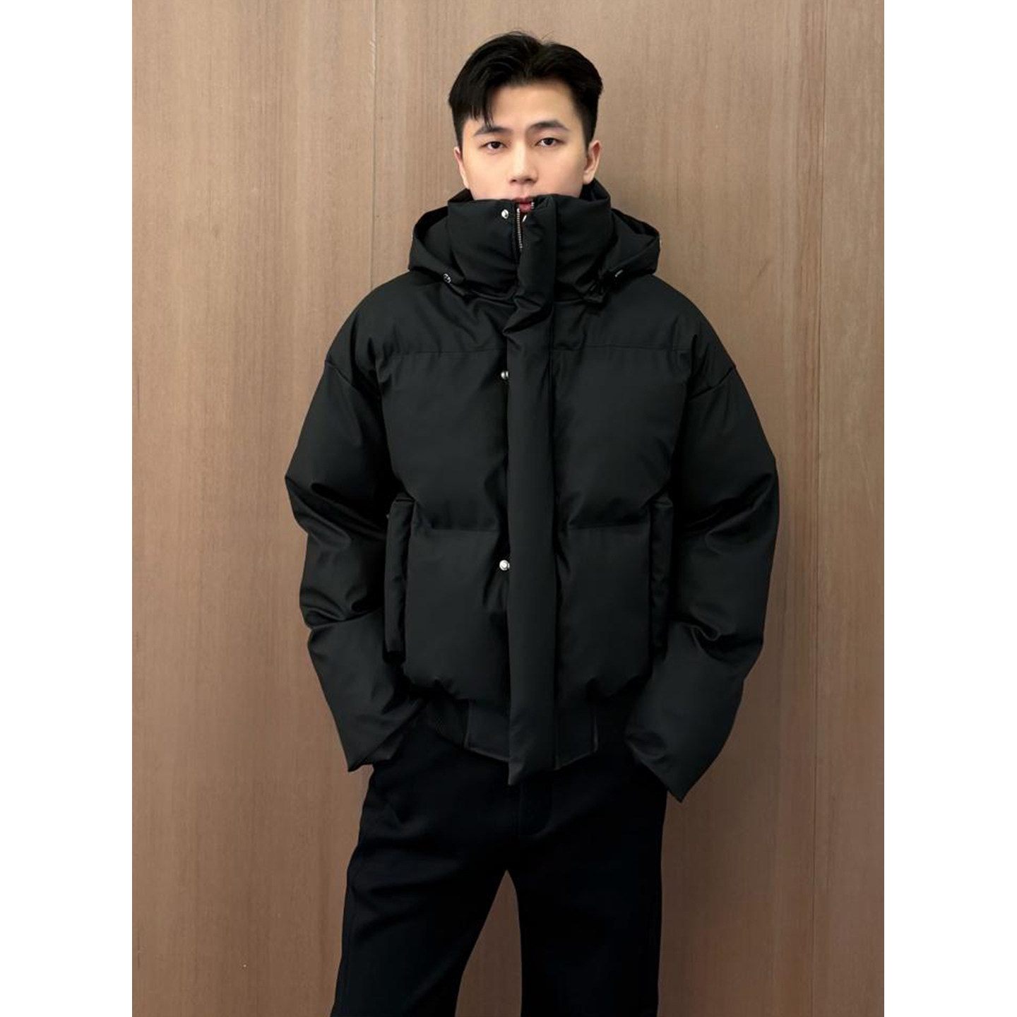 【香港·尊荣定制】黑色短款羽绒服男款冬季可拆卸毛领连帽棉服