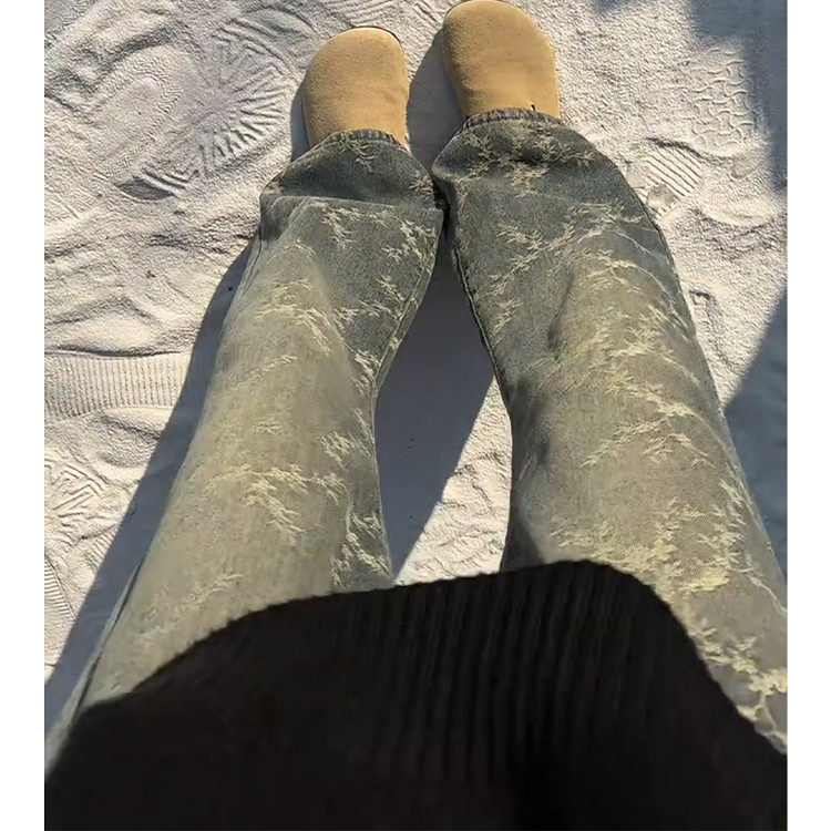 【香港·奢境人生】美式复古提花牛仔裤男款冬季加绒加厚微喇裤子