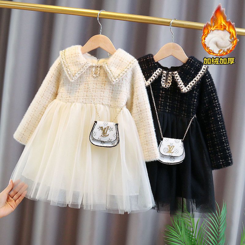 加绒加厚小香风公主裙冬季中小女童高档连衣裙2025年洋气百搭新款
