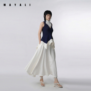 MAYALI2026夏季新品针织撞色连衣裙V领拼色鸢尾花无袖不规则上衣