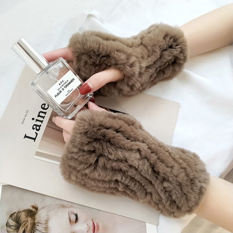 半截半指皮草手套冬季女獭兔毛露指保暖加厚无指毛绒袖筒可爱冬天