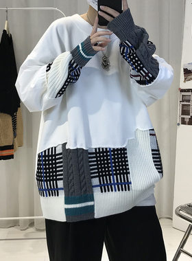 春秋季男装韩版宽松拼接圆领卫衣
