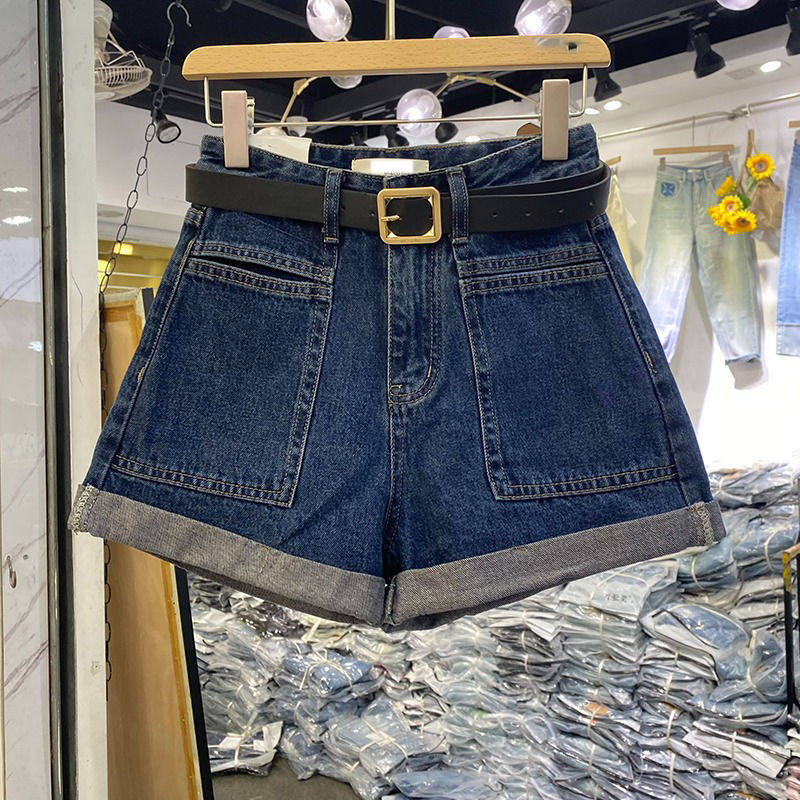 牛仔短裤女高腰卷边阔腿短裤夏