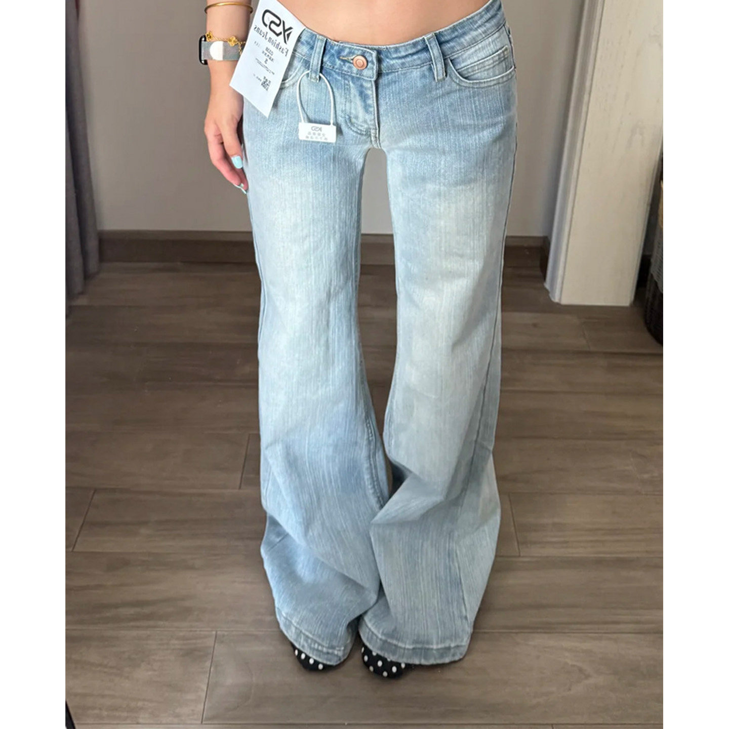 夏季低腰竹节纹微喇显瘦牛仔裤女