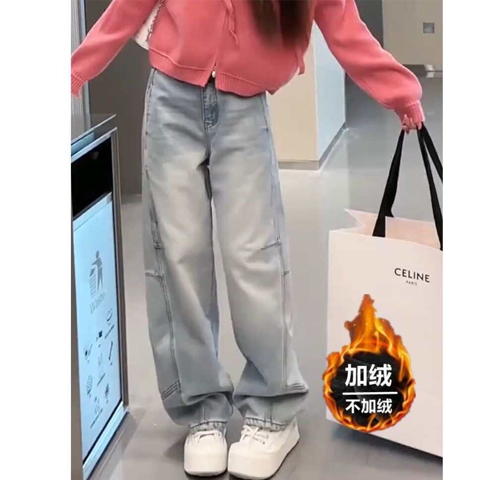 加绒弯刀牛仔裤大码阔腿裤